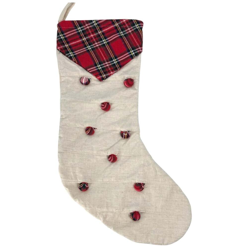 Christmas Stocking Hanging Off White with Red Plaid Tartan Pattern Balls 19"x11"